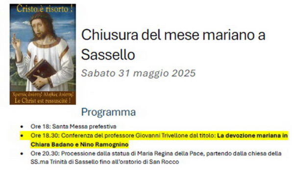 Chiusura del mese mariano a Sassello Sabato 31 maggio 2025